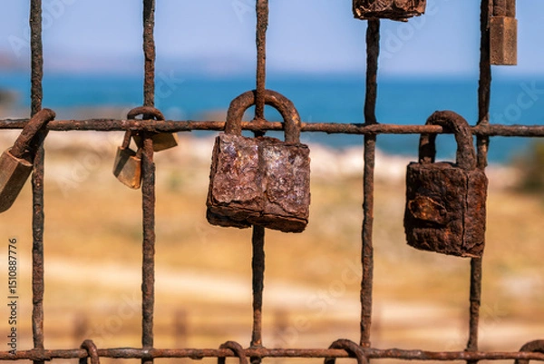 Obraz Love lock. Rusty padlocks on metal fence grid, closeup. Love and commitment concept