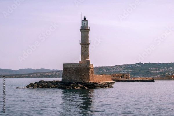 Obraz Chania Crete. Lighthouse at old venetian harbor, blue cloudy sky