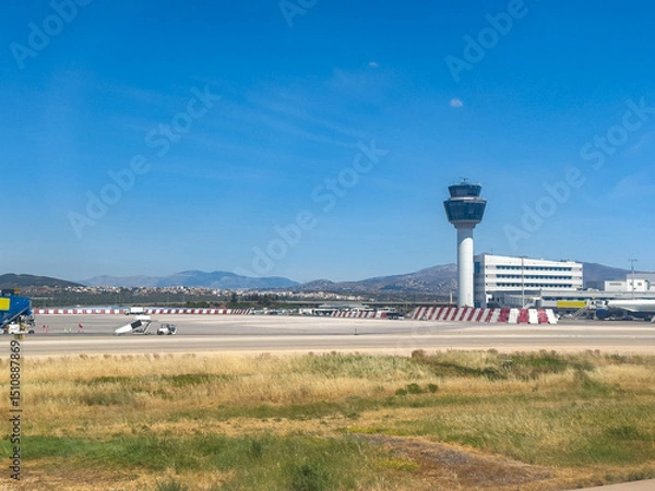 Obraz Athens Greece international airport. Air traffic control tower, terminal building and taxiways and runways