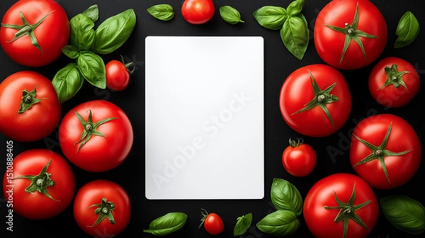 Fototapeta  Fresh tomato and basil border with blank white card on dark textured background. Copy space
