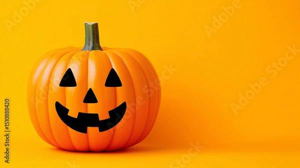 Fototapeta Classic halloween jack-o’-lantern with smiling face on bright orange background. Copy space