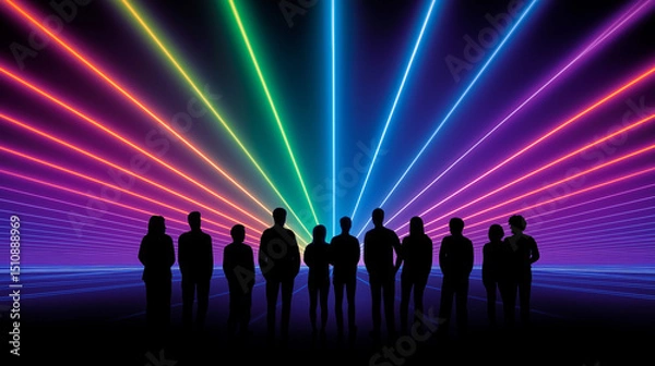 Fototapeta Silhouetted crowd standing before vibrant rainbow laser light display in futuristic dark space