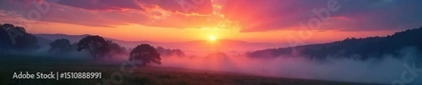 Fototapeta A tranquil sunrise paints the sky with vibrant hues, casting a warm glow over a serene, mist-shrouded landscape Perfect for travel, nature, and peaceful backgrounds , hills, serene, beautiful