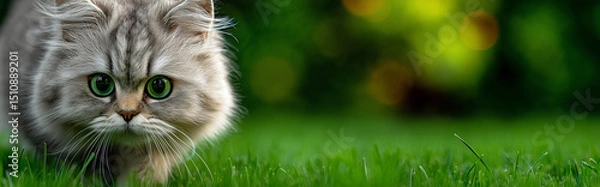 Fototapeta Fluffy grey kitten with striking green eyes stalking playfully through lush grass in garden. Banner or header