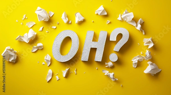 Fototapeta Surprised reaction concept with bold textured “OH?” text and scattered crumpled paper on bright yellow background