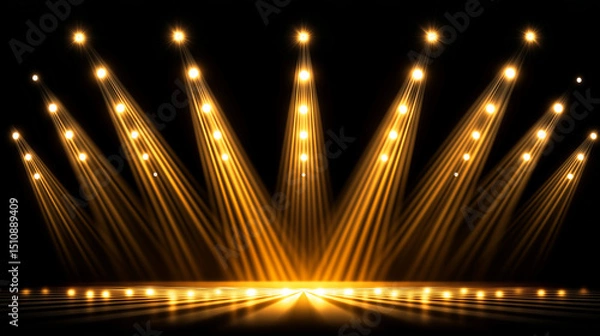 Fototapeta Radiant golden stage lights beaming in symmetrical fan pattern creating dramatic spotlight showcase