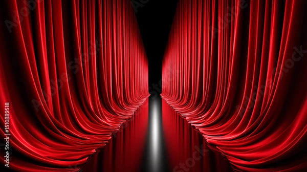 Fototapeta Dramatic red theater curtains parting symmetrically to reveal spotlight path into darkness