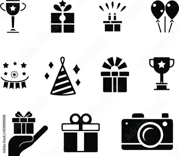 Obraz Birthday Celebration Icons Set Party, Cake, Gift, Hat, Balloon Vector Graphics design. Birthday icon design