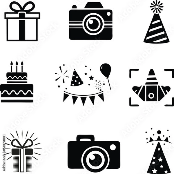 Obraz Birthday Celebration Icons Set Party, Cake, Gift, Hat, Balloon Vector Graphics design. Birthday icon design