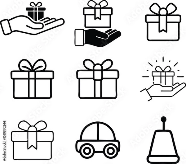 Obraz Gift Icons: A collection of vector gift box illustrations. Showing gift boxes, gift hand illustrations, car toy icon, bell icon in a modern, flat design style, ideal for web and print graphics. 