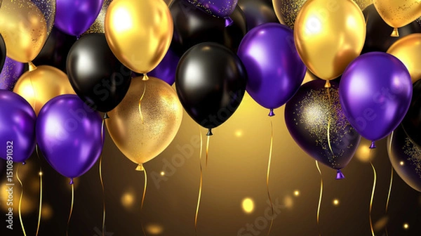 Fototapeta Elegant celebration background with black gold and purple balloons floating on glowing festive backdrop