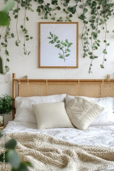 Obraz A serene and stylish bedroom with a wooden frame, greenery on the wall, fairy lights, and minimalist artwork.