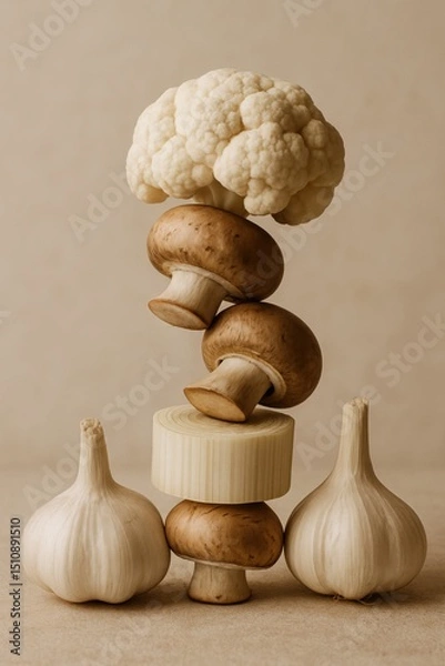 Fototapeta Cauliflower, garlic, mushrooms and leek stacked in vertical composition on neutral background. Studio monochrome food photography. Minimalist healthy eating and vegetarian cooking concept. 