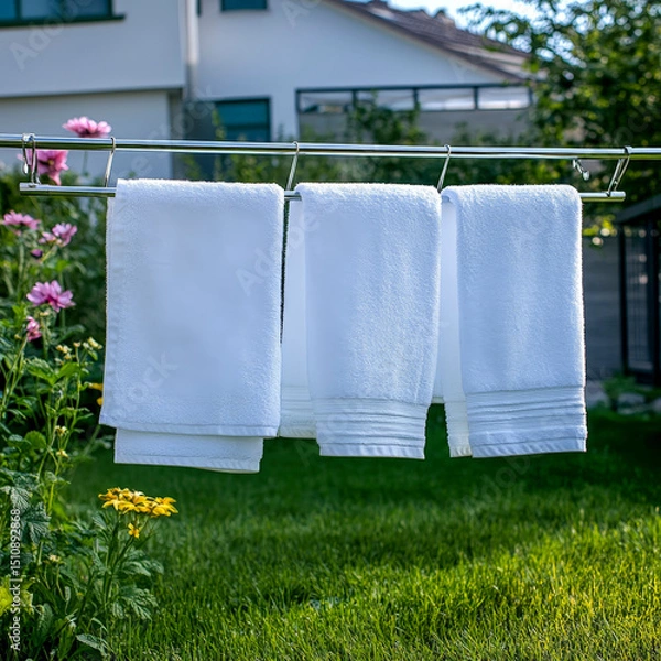 Fototapeta Modern outdoor laundry drying rack with crisp white towels hanging in sunlit backyard setting ideal for homecare and lifestyle content