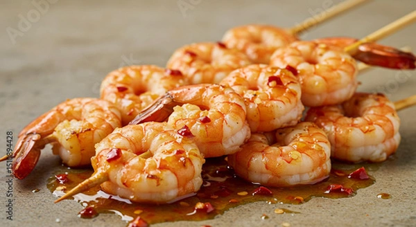 Obraz A close up of grilled shrimp skewers drizzled with a sauce and sprinkled with red pepper flakes
