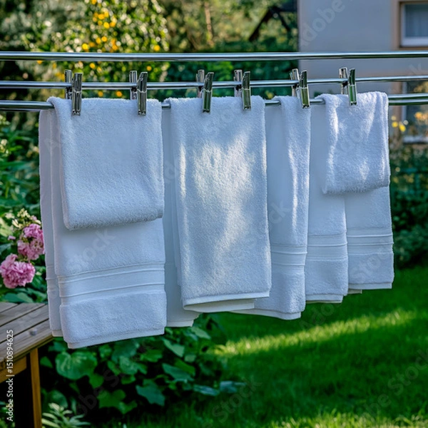Fototapeta Modern outdoor laundry drying rack with crisp white towels hanging in sunlit backyard setting ideal for homecare and lifestyle content