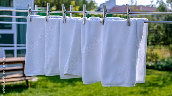 Fototapeta Modern outdoor laundry drying rack with crisp white towels hanging in sunlit backyard setting ideal for homecare and lifestyle content