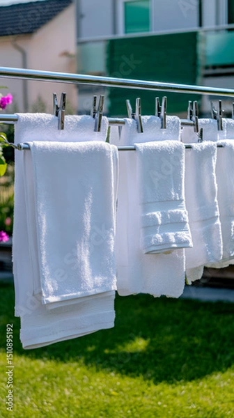 Fototapeta Modern outdoor laundry drying rack with crisp white towels hanging in sunlit backyard setting ideal for homecare and lifestyle content