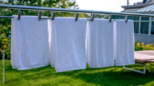 Fototapeta Modern outdoor laundry drying rack with crisp white towels hanging in sunlit backyard setting ideal for homecare and lifestyle content