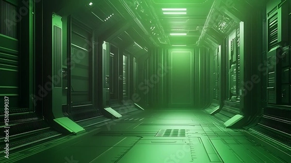 Obraz Futuristic corridor lit with vibrant green light