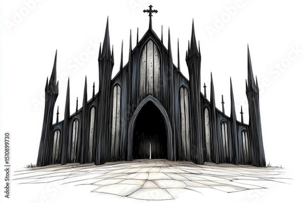 Fototapeta Dark gothic cathedral illustration, detailed stone facade, tall spires, cross on top, imposing and mysterious atmosphere. Dark grey and black tones, textured surface.
