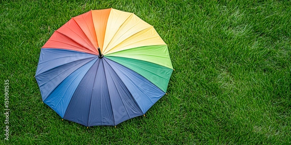Fototapeta Vibrant rainbow umbrella displayed on lush green grass for summer picnic festival photoshoot and outdoor event marketing inspiration