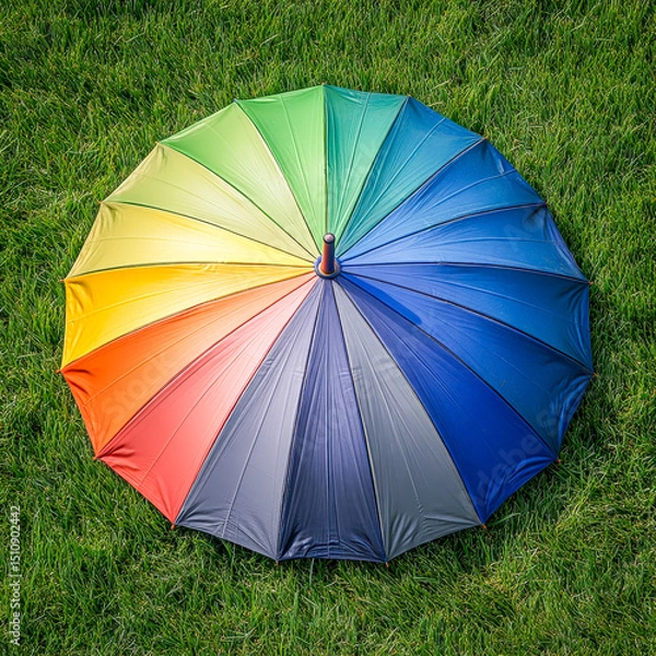 Fototapeta Vibrant rainbow umbrella displayed on lush green grass for summer picnic festival photoshoot and outdoor event marketing inspiration
