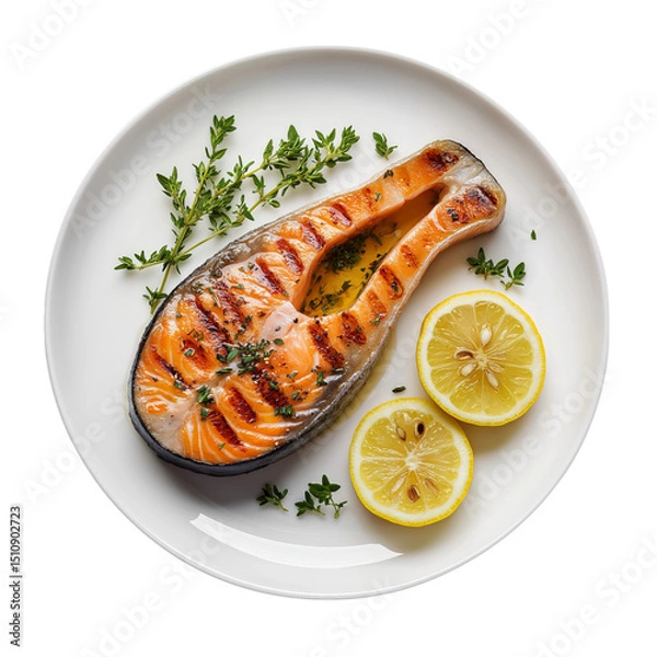 Fototapeta Grilled salmon steak with lemon and herbs on a white plate, isolated on a transparent background. PNG file.