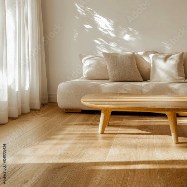 Fototapeta Sunlit wooden floor interior casting warm shadows across living space highlighting minimal decor natural lighting ideal for architecture and real estate marketing content