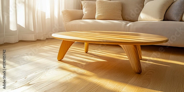 Fototapeta Sunlit wooden floor interior casting warm shadows across living space highlighting minimal decor natural lighting ideal for architecture and real estate marketing content