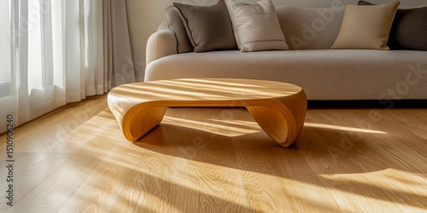Fototapeta Sunlit wooden floor interior casting warm shadows across living space highlighting minimal decor natural lighting ideal for architecture and real estate marketing content