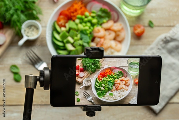 Fototapeta Smartphone on tripod, taking photo  of lunch bowl or salad.