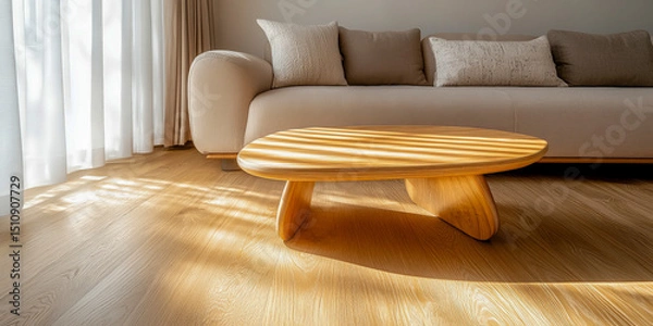 Fototapeta Sunlit wooden floor interior casting warm shadows across living space highlighting minimal decor natural lighting ideal for architecture and real estate marketing content