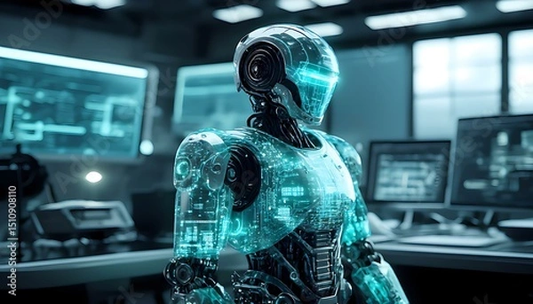 Fototapeta Mechanical robot with solid metal limbs and glowing digital circuits visible beneath transparent panels