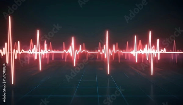 Fototapeta Digital simulation of a heartbeat waveform visualized as glowing holographic lines and pulses, vibrant red and white colors