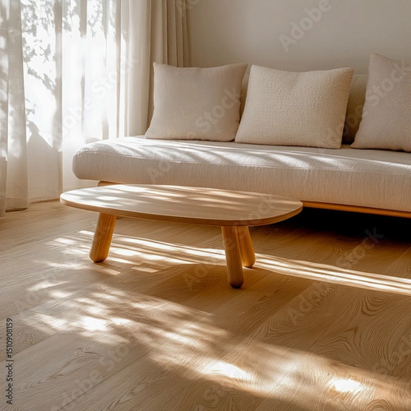 Fototapeta Sunlit wooden floor interior casting warm shadows across living space highlighting minimal decor natural lighting ideal for architecture and real estate marketing content