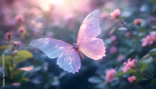 Fototapeta Holographic butterfly with wings formed by intricate glowing lines and digital mesh