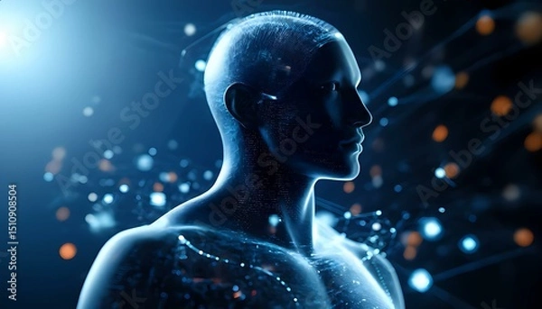 Fototapeta Digital avatar emerging from a human silhouette, half-real and half-holographic, surrounded by floating data points and virtual environment elements