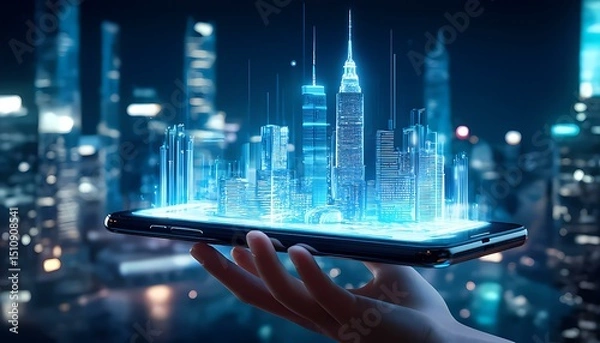 Fototapeta Hand holding a smartphone projecting a holographic city model above it, blending physical device and digital world