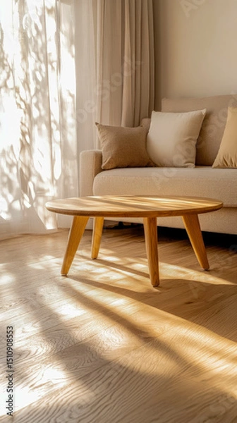 Fototapeta Sunlit wooden floor interior casting warm shadows across living space highlighting minimal decor natural lighting ideal for architecture and real estate marketing content