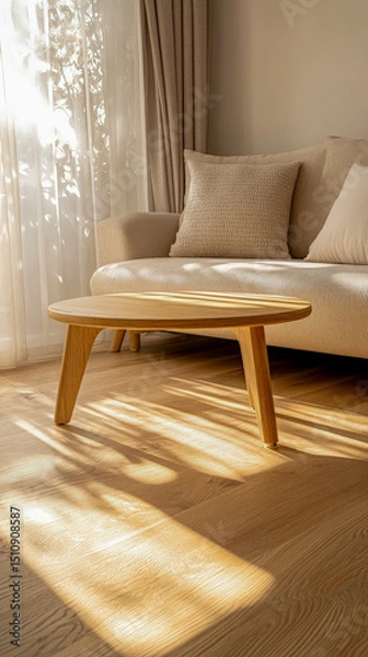 Fototapeta Sunlit wooden floor interior casting warm shadows across living space highlighting minimal decor natural lighting ideal for architecture and real estate marketing content
