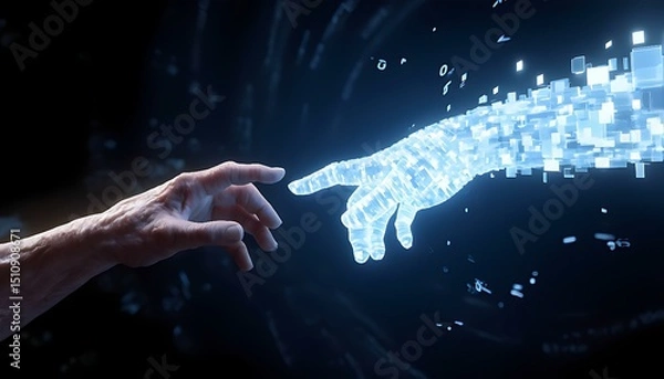Fototapeta Hands reaching out to each other — one human hand with realistic skin texture, the other a glowing holographic hand 