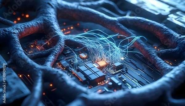 Fototapeta A surreal fusion of organic plant roots intertwining with glowing circuit boards and fiber optics