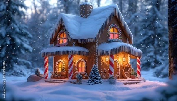 Fototapeta A cozy cottage built from gingerbread, with candy cane pillars and gumdrop windows
