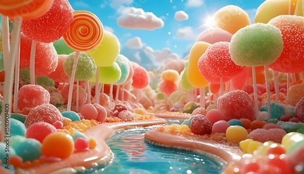 Fototapeta A whimsical forest made of candy, with lollipop trees and syrup rivers