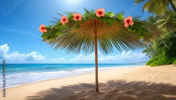 Fototapeta A beach umbrella constructed from large palm leaves and colorful hibiscus flowers