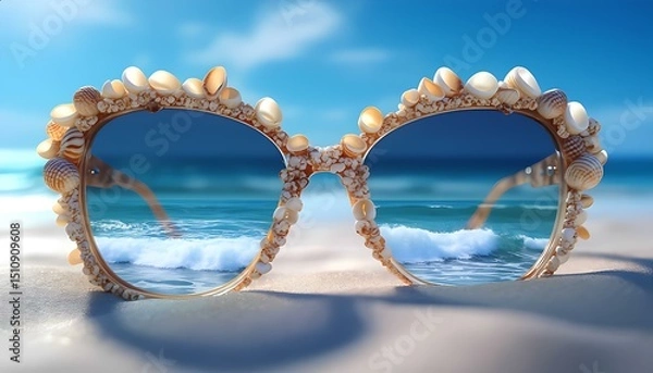 Fototapeta A pair of sunglasses with frames crafted from intertwined seashells and coral fragments, reflecting the sparkling ocean waves