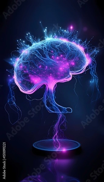 Fototapeta Digital simulation of a human brain with neural networks visualized as glowing holographic lines and synapse sparks, pulsating with purple and blue light