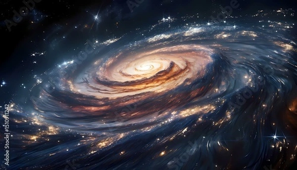 Fototapeta Digital simulation of a galaxy spiral made of holographic light trails and star-like particles, glowing gold and silver hues, rotating in a dark cosmic background