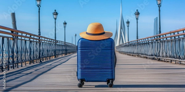 Fototapeta Stylish suitcase and straw hat poised on wooden pier perfect scene for travel blog adventure packing and vacation planning imagery